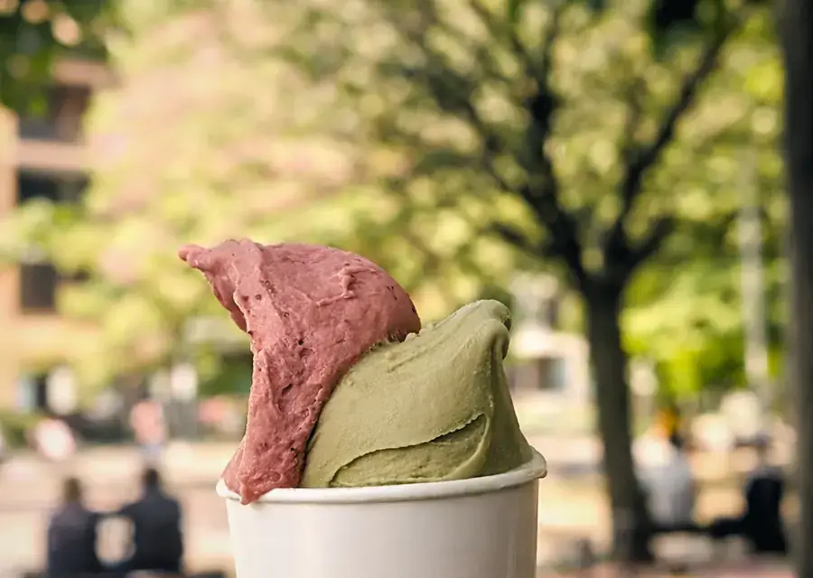 Une coupe de glace à deux parfums, tenue devant le parc