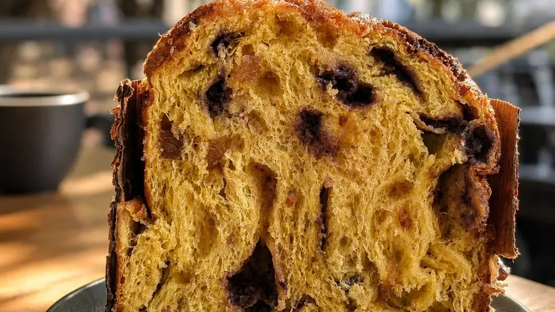 Una fetta di panettone su un tavolo di legno, nel dehor di Cagiada Vedano